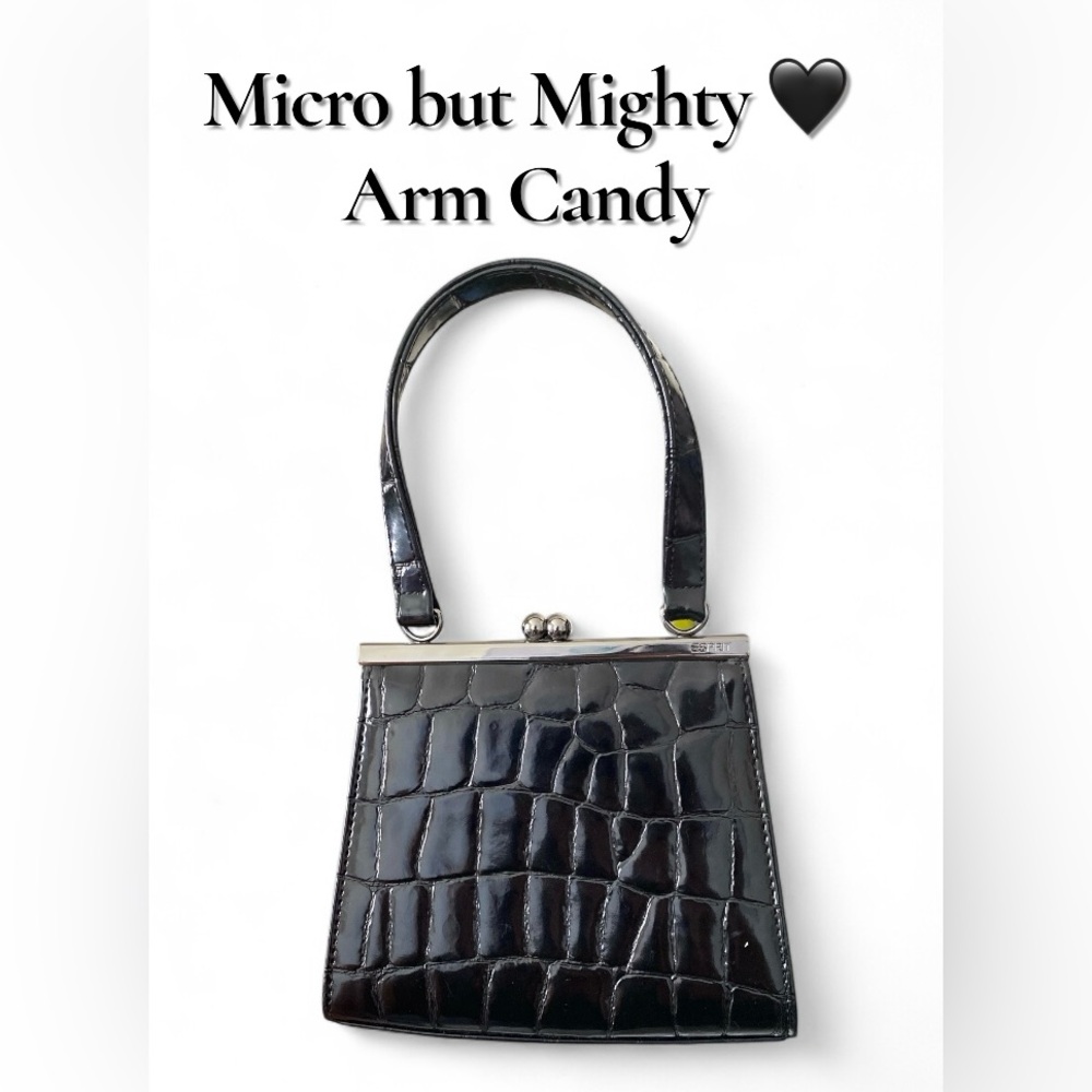 Esprit Black Croc-Embossed Patent Micro Frame Bag Kiss-Lock Vintage Y2K